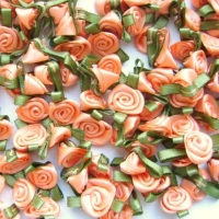 Mini Satin Ribbon Roses With Leaf 25mm - Peach