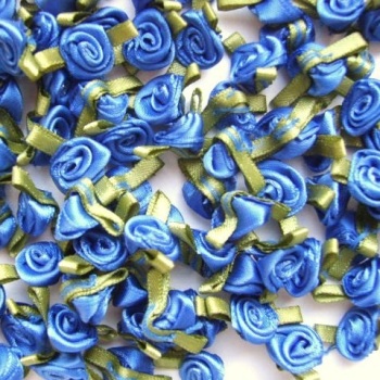 Mini Satin Ribbon Roses With Leaf 25mm - Royal Blue