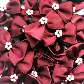 Satin Ribbon Bow Ties With Pearl Centre 3.5cm - Burgundy