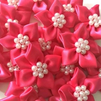 Satin Ribbon Poinsettia Flowers With Pearl Centre 4cm - Cerise Pink