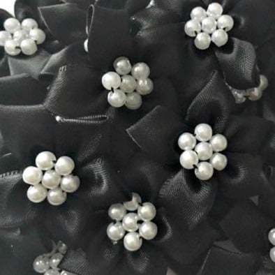 Satin Ribbon Poinsettia Flowers With Pearl Centre 4cm - Black