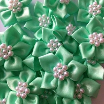 Satin Ribbon Poinsettia Flowers With Pearl Centre 4cm - Mint Green