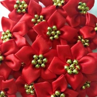 Satin Ribbon Poinsettia Flowers With Bead Centre 4cm - Red