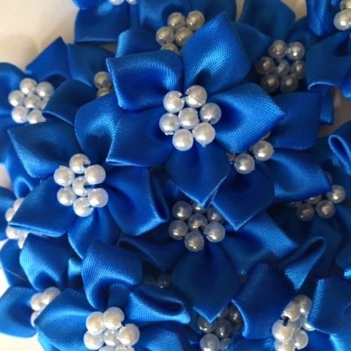 Satin Ribbon Poinsettia Flowers With Pearl Centre 4cm - Royal Blue