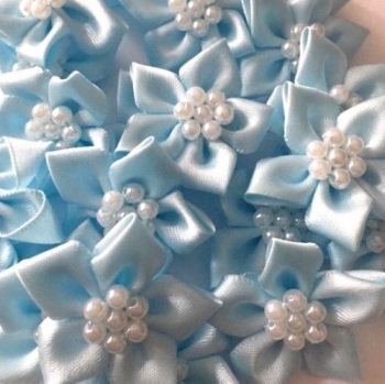 Satin Ribbon Poinsettia Flowers With Pearl Centre 4cm - Light Blue