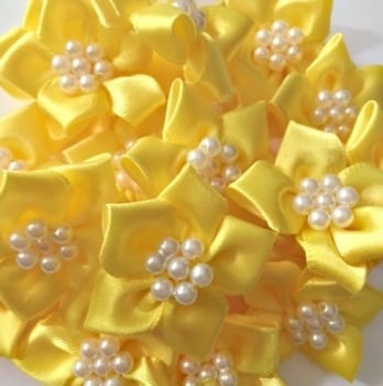 Satin Ribbon Poinsettia Flowers With Bead Centre 4cm - Yellow