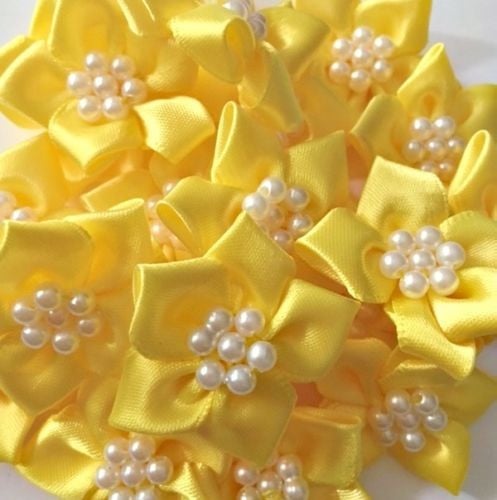 Satin Ribbon Poinsettia Flowers With Bead Centre 4cm - Yellow