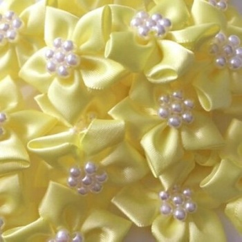 Satin Ribbon Poinsettia Flowers With Bead Centre 4cm - Lemon
