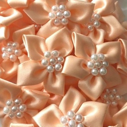 Satin Ribbon Poinsettia Flowers With Bead Centre 4cm - Peach