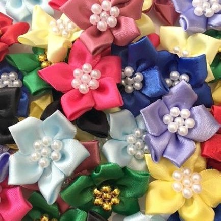 Satin Ribbon Poinsettia Flowers With Pearl Centre 4cm - Mixed