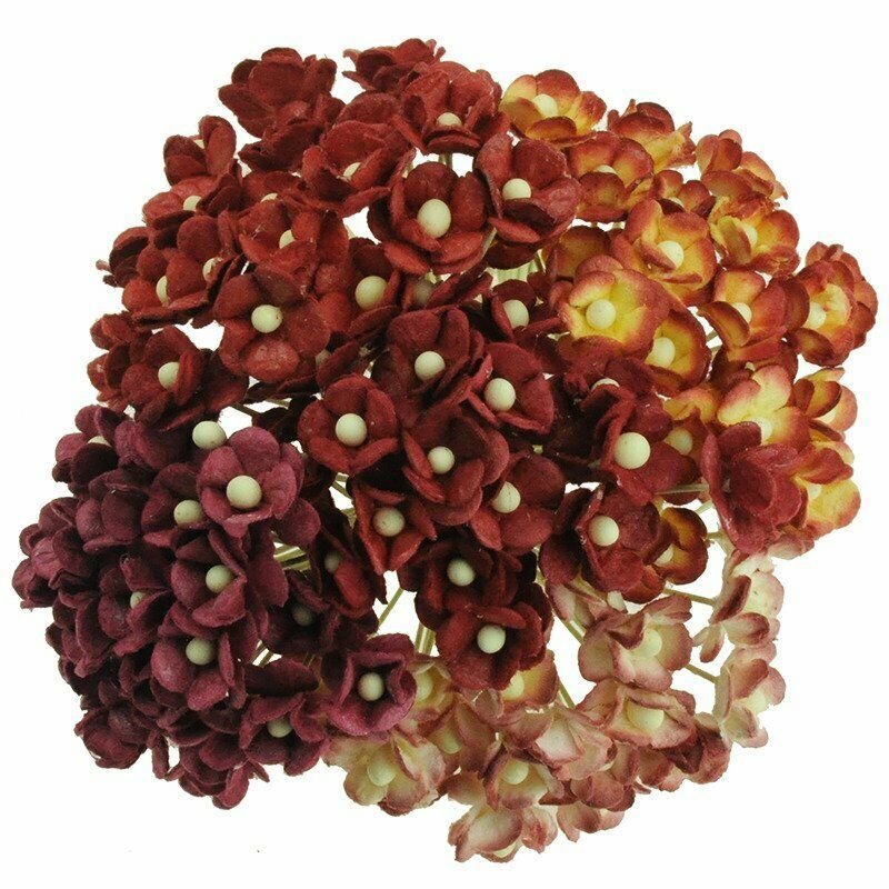 Mulberry Paper Sweetheart Blossom Flowers - Wire Stem 10mm Mixed Reds.