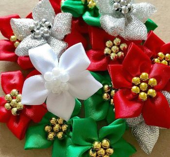 Satin Ribbon Poinsettia Flowers With Pearl Centre 4cm - Christmas Mix