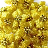 Ribbon Poinsettia Flowers With Bead Centre 4cm - Gold Lurex
