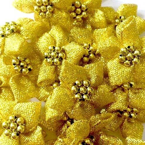 Satin Ribbon Poinsettia Flowers With Bead Centre 4cm - Gold Lurex