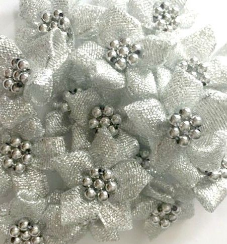 Ribbon Poinsettia Flowers With Bead Centre 4cm - Silver Lurex