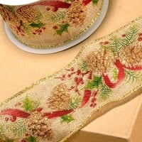 Christmas Pine Cones  Wired Hessian Ribbon - 60mm Wide