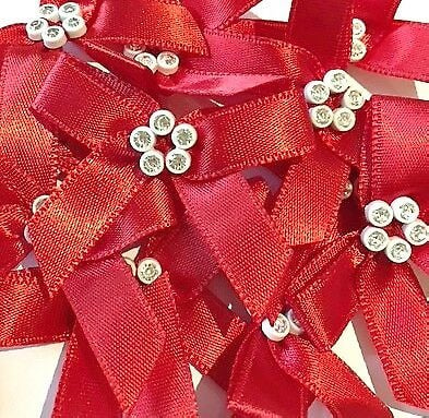 Sparkly Diamante Ribbon Bows - Red
