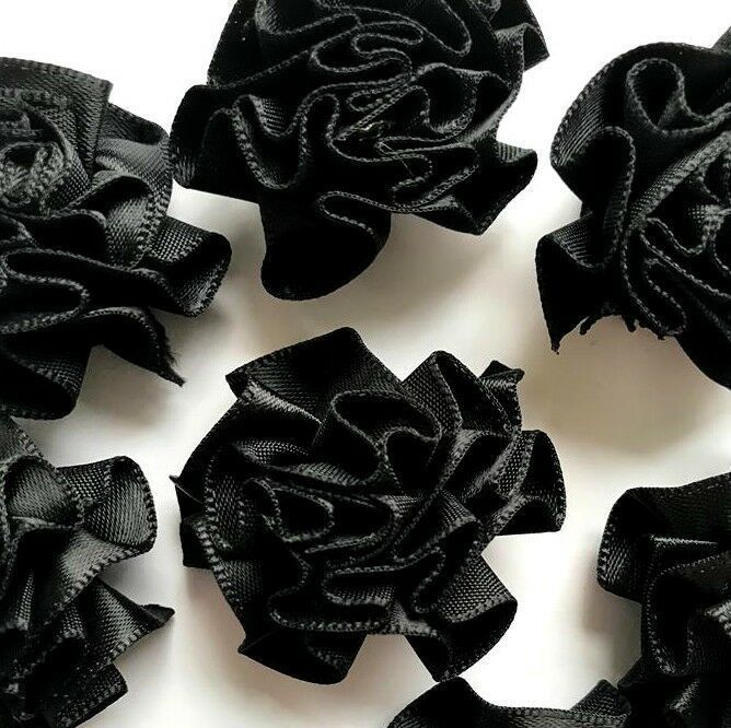 Satin Ribbon Ruffle Roses 3.5cm - Black
