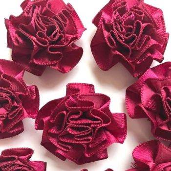 Satin Ribbon Ruffle Roses 3.5cm - Burgundy