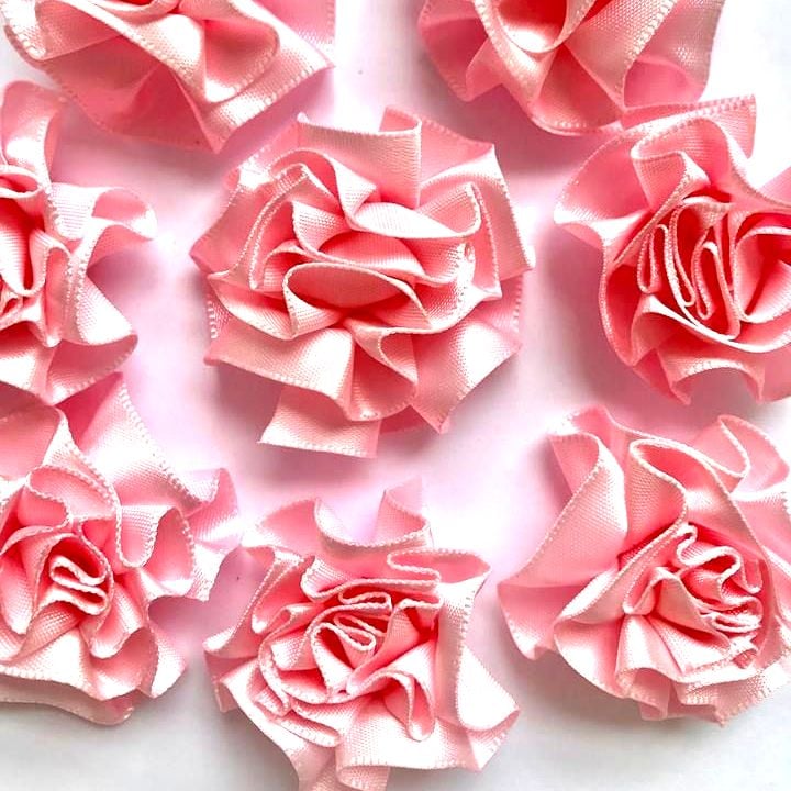 Satin Ribbon Ruffle Roses 3.5cm - Light Pink