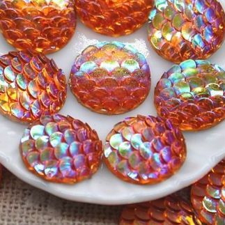 Beautiful Mermaid Fish Scale Flat Back 12mm Cabochons - Orange/Red