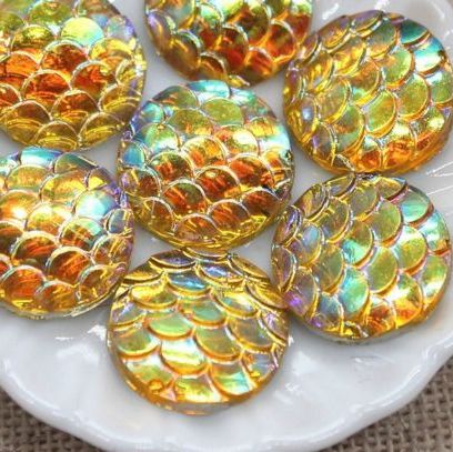 Beautiful Mermaid Fish Scale Flat Back 12mm Cabochons - Yellow/Blue