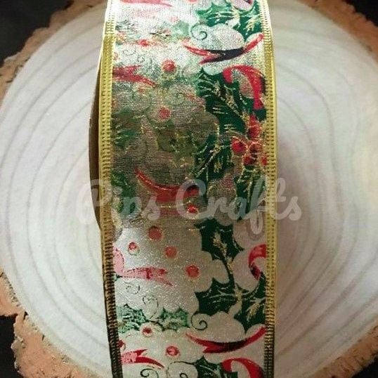 Holly & Berries Organza Wired Ribbon - 63mm Wide