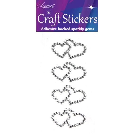 Diamante Crystal Gems Double Heart Stickers - Silver