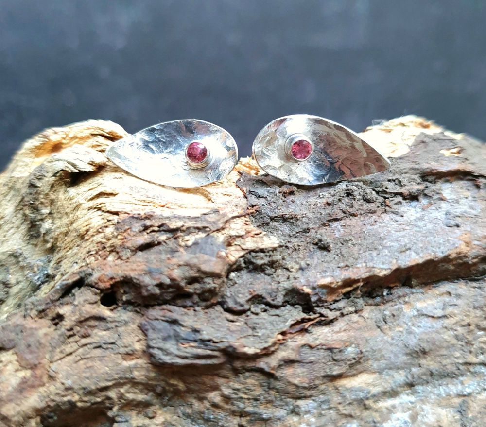 Teardrop Silver & Pink Tourmaline Stud Earrings