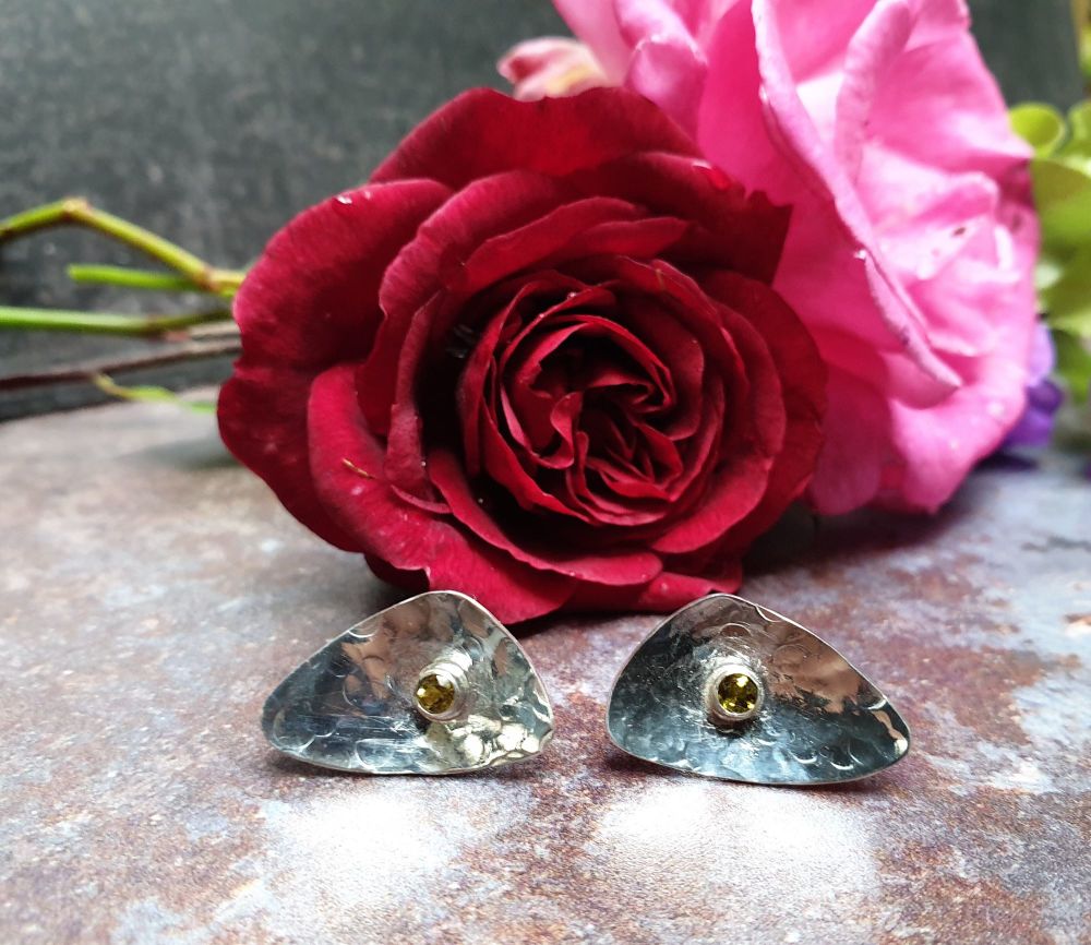 Textured Silver and Green Tourmaline Stud Earrings