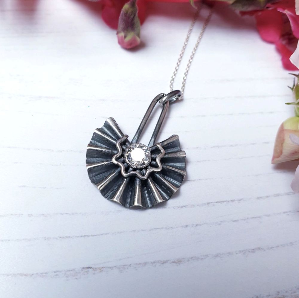 Sterling Silver Small Art Deco Fan Pendant set with a Moissanite faceted st