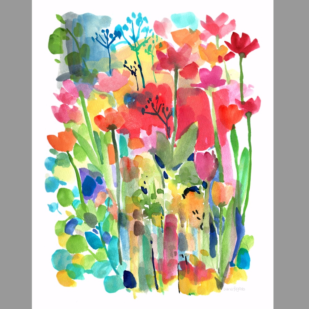 Flower Fusion  A3 Watercolour Art Print with a Wooden poster hanger