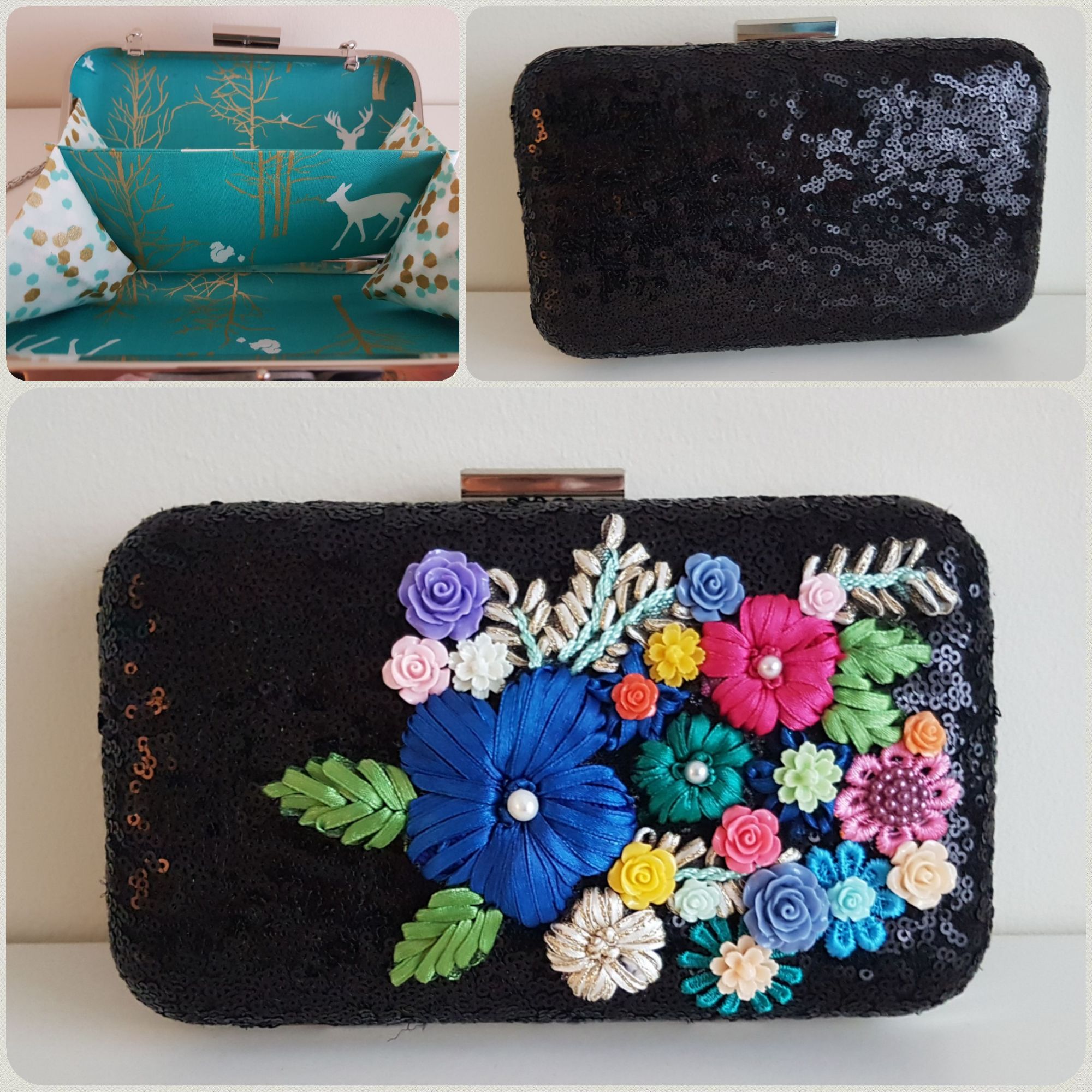 Black sequin & floral handmade, Gucci inspired clutch bag