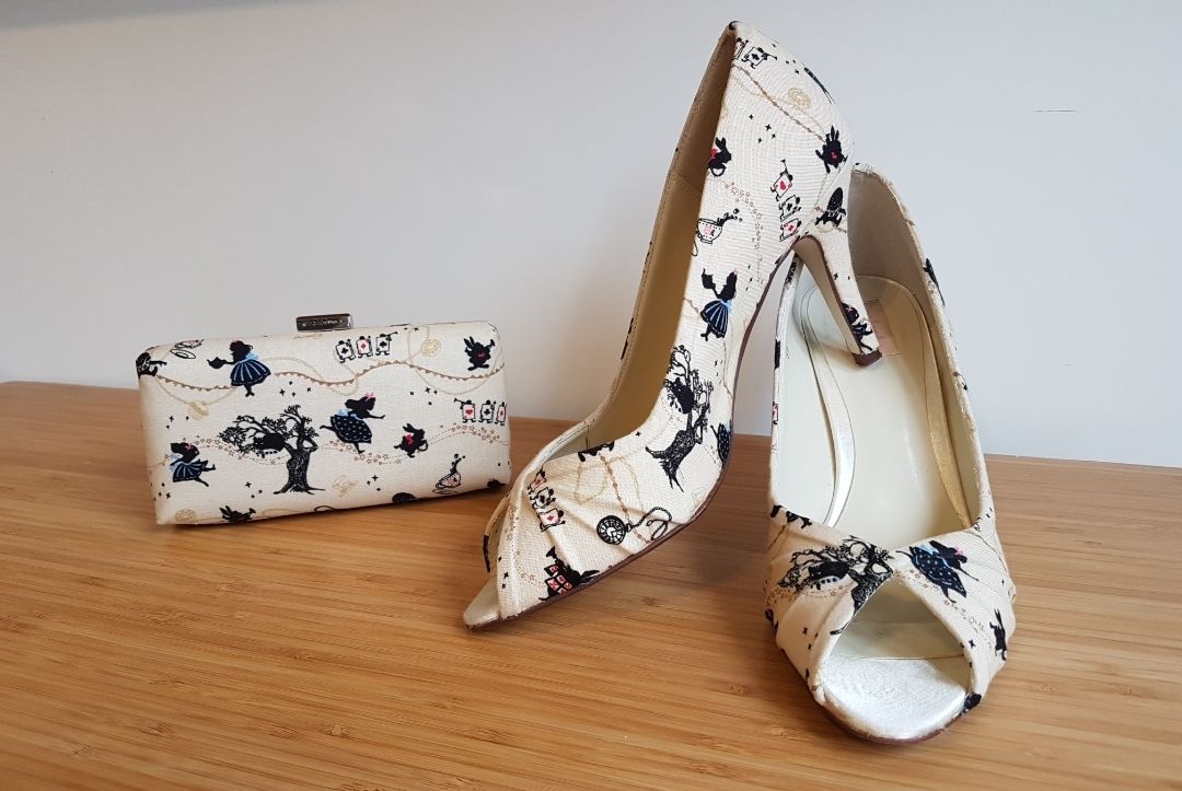 Custom Alice in Wonderland inspired peeptoe shoes and matching clutch bag, upcyled wedding shoes