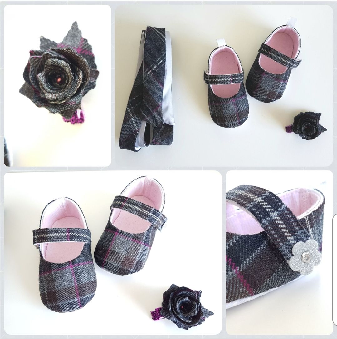 Tartan baby shoes, hair clip and sash.