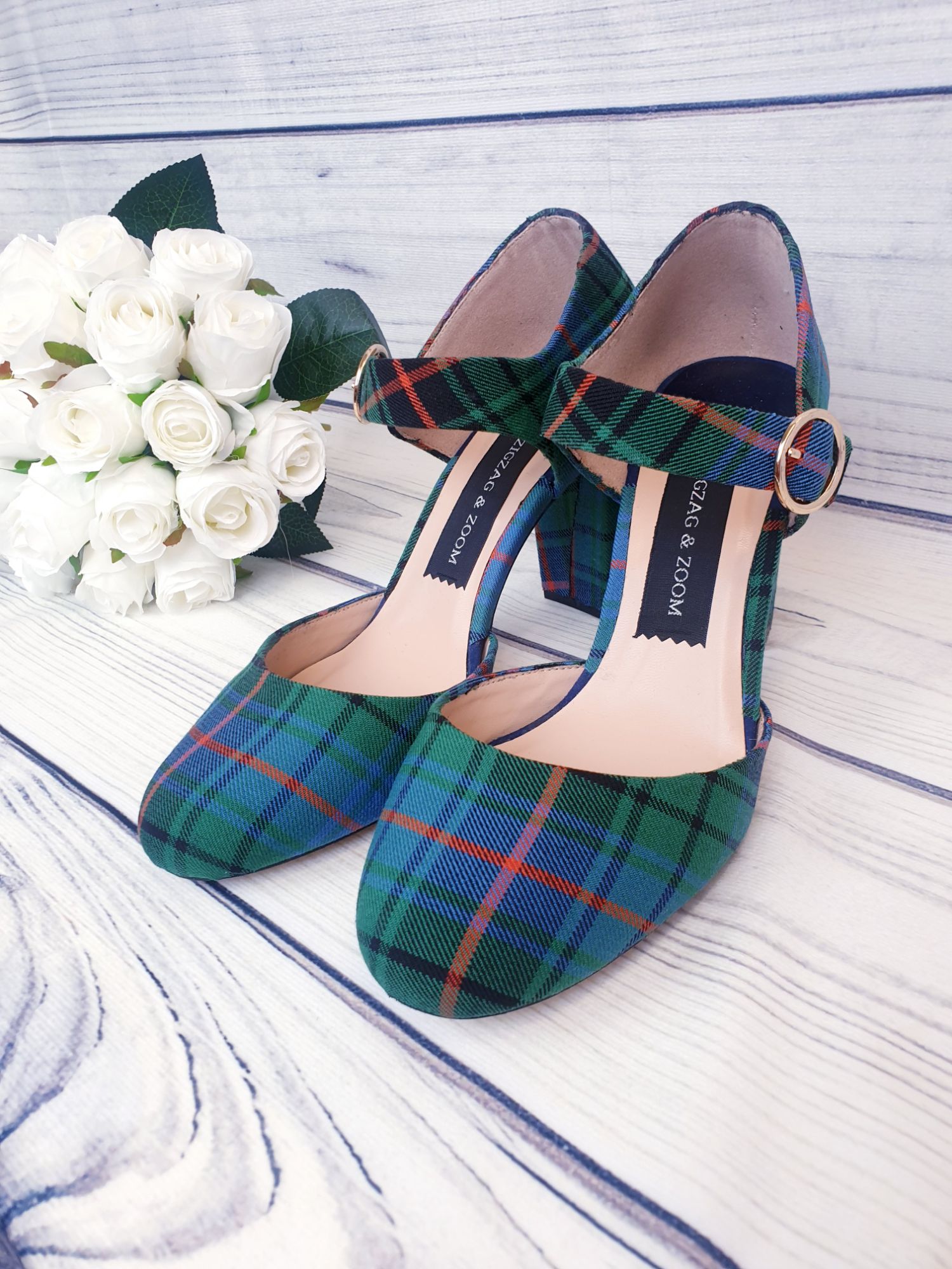 Green tartan block heels