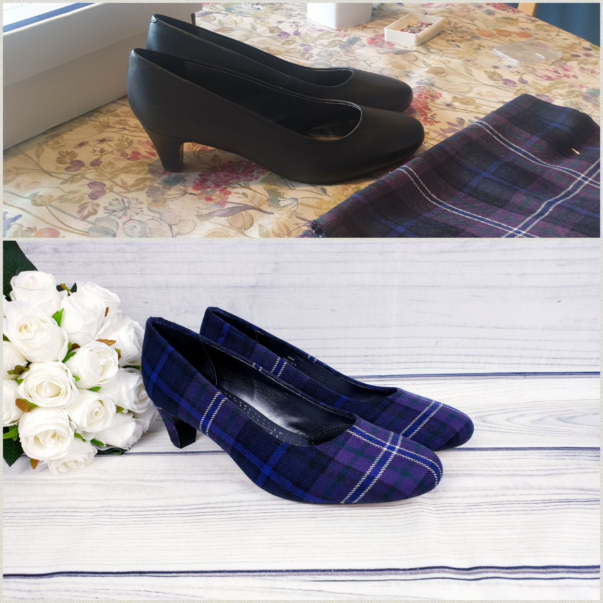 Custom scotland forever tartan shoes, before and after