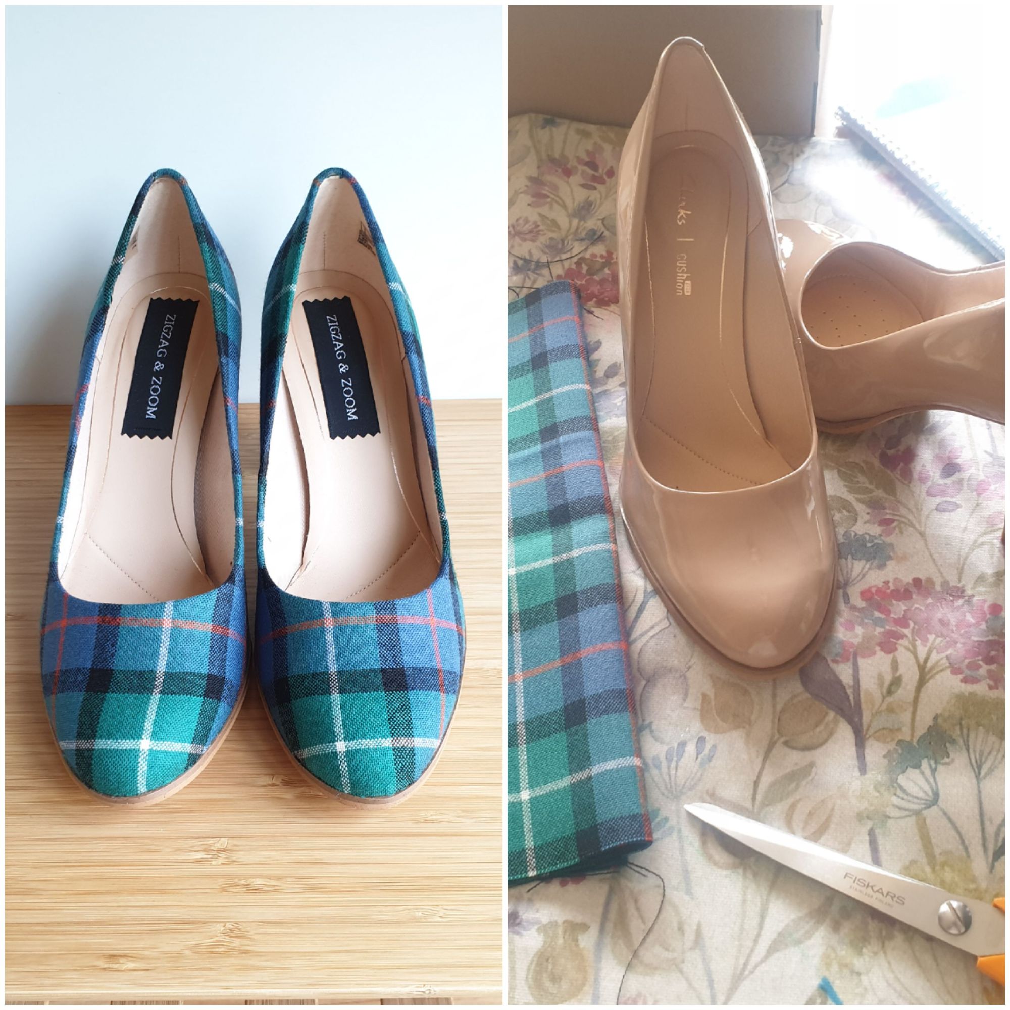 Green tartan wedding shoes, before and after