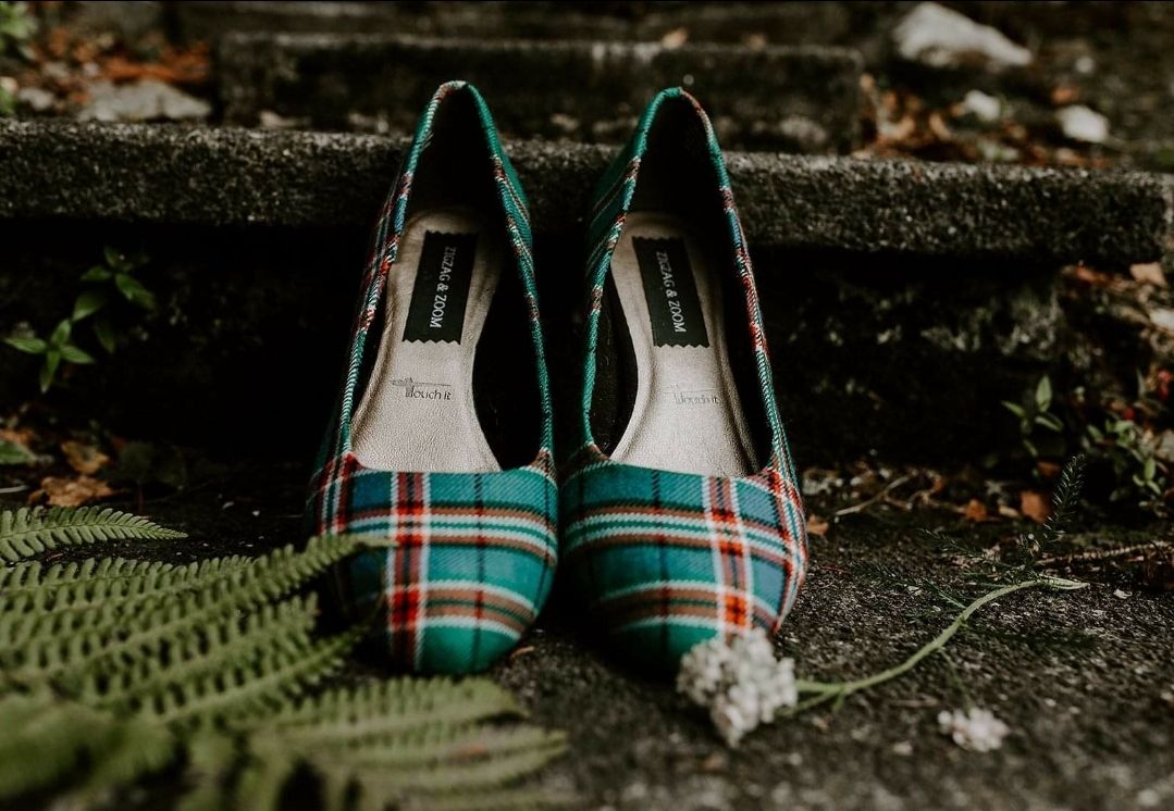 Green tartan wedding shoes, custom tartan heels, Anderson Tartan wedding shoes