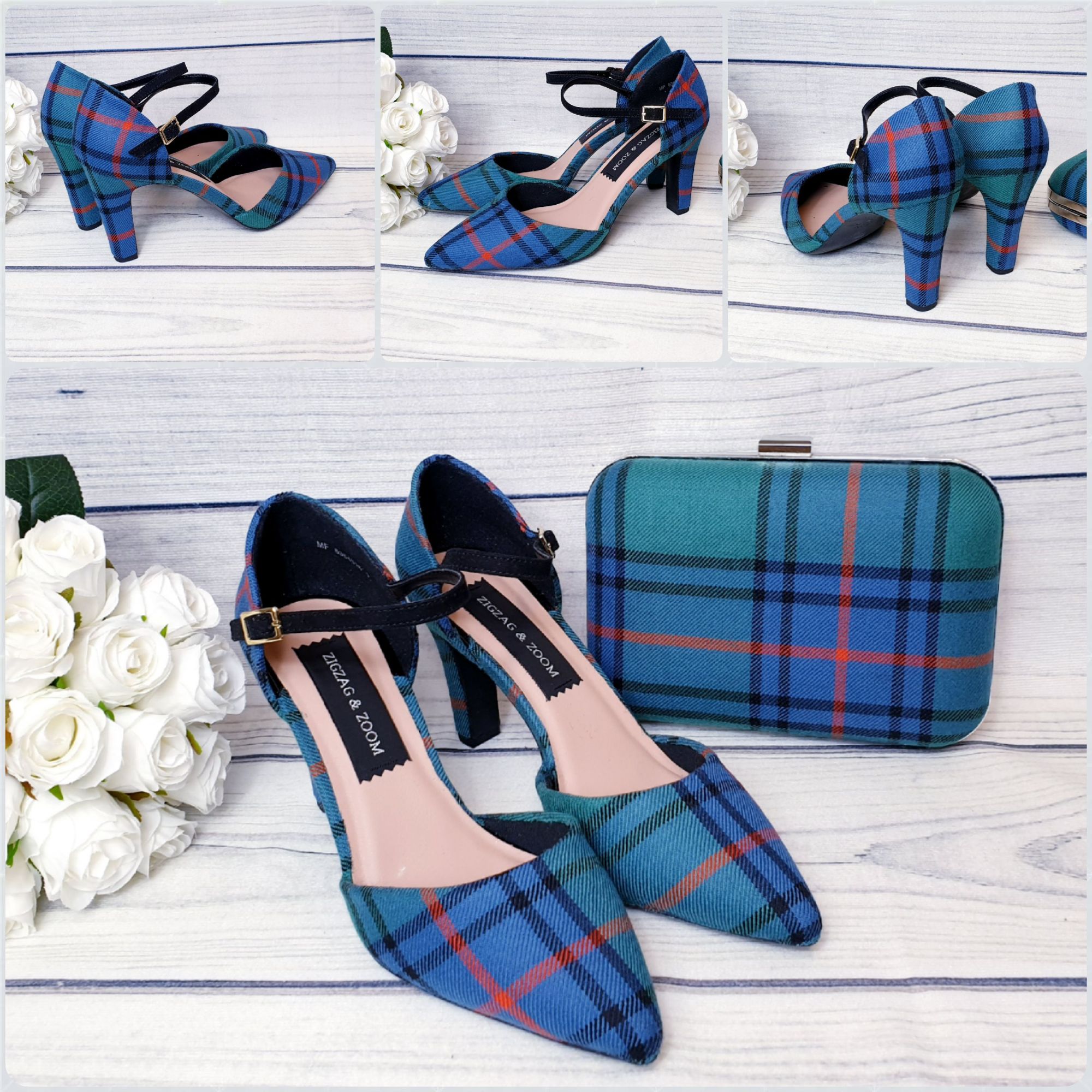  Tartan shoes and matching tartan clutch bag