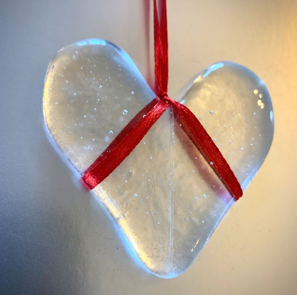 Clear Glass Heart on red ribbon