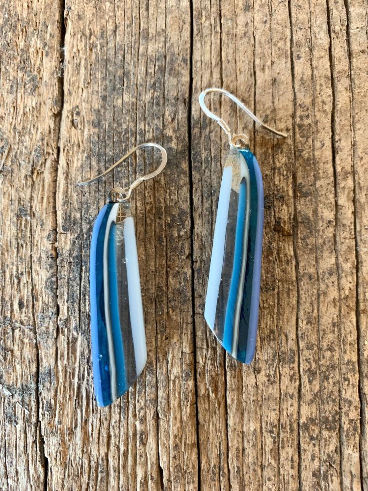 'Blue & White Stripe' Feather Earrings,' Plumes Bleues'