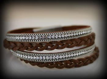 Brown Leather, Double Wraparound Bracelet With Plaiting & Crystals