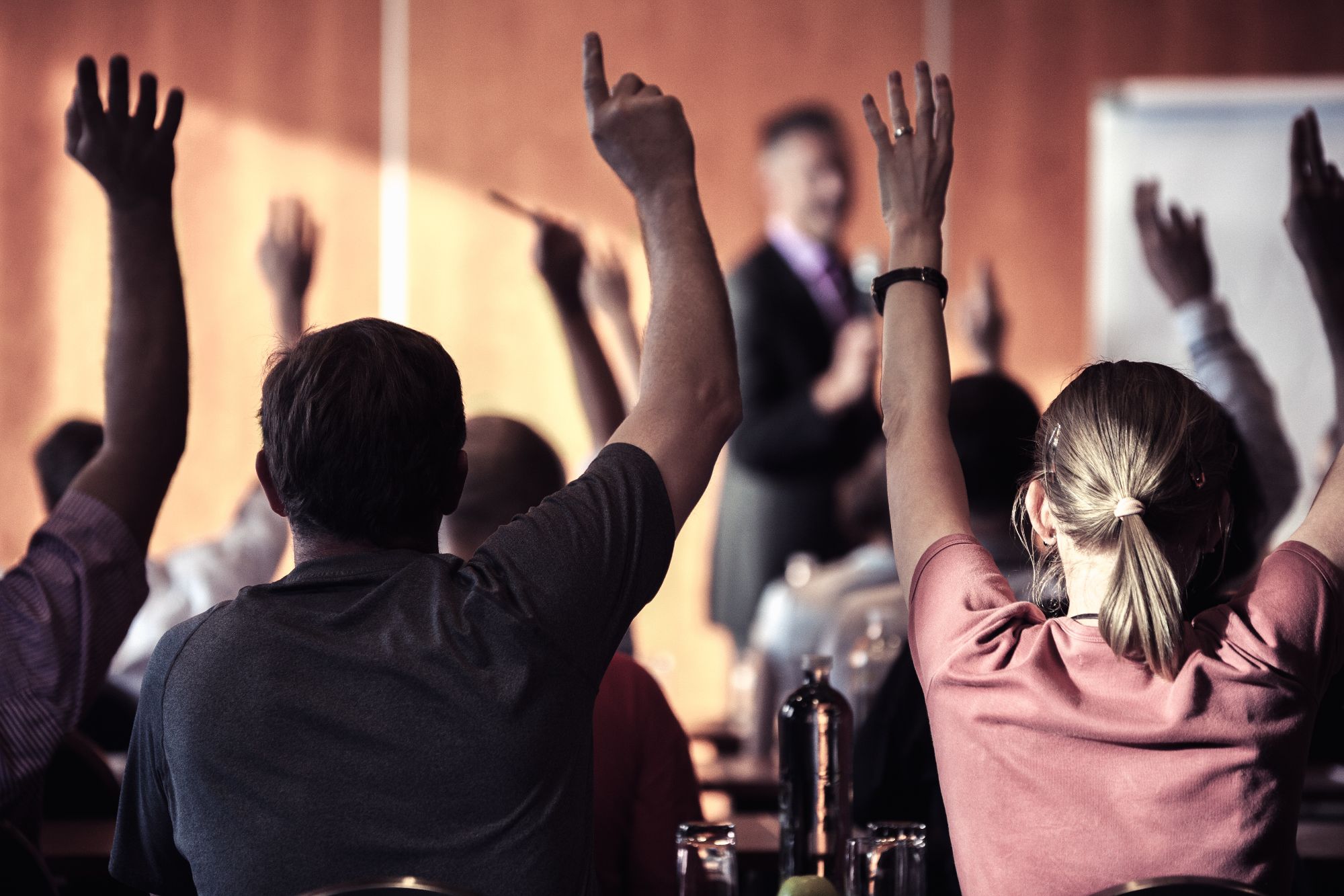 Audience members put their hands up in order to participate