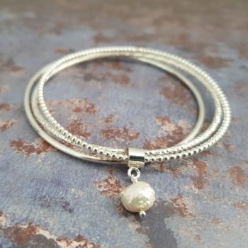 Sterling Silver stacking bangles with Baroque freshwater Pearl