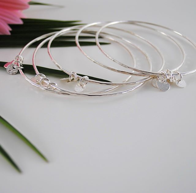 ELSKA COLLECTION ECOSILVER HAMMERED BANGLE WITH RETICULATED SILVER DISCS