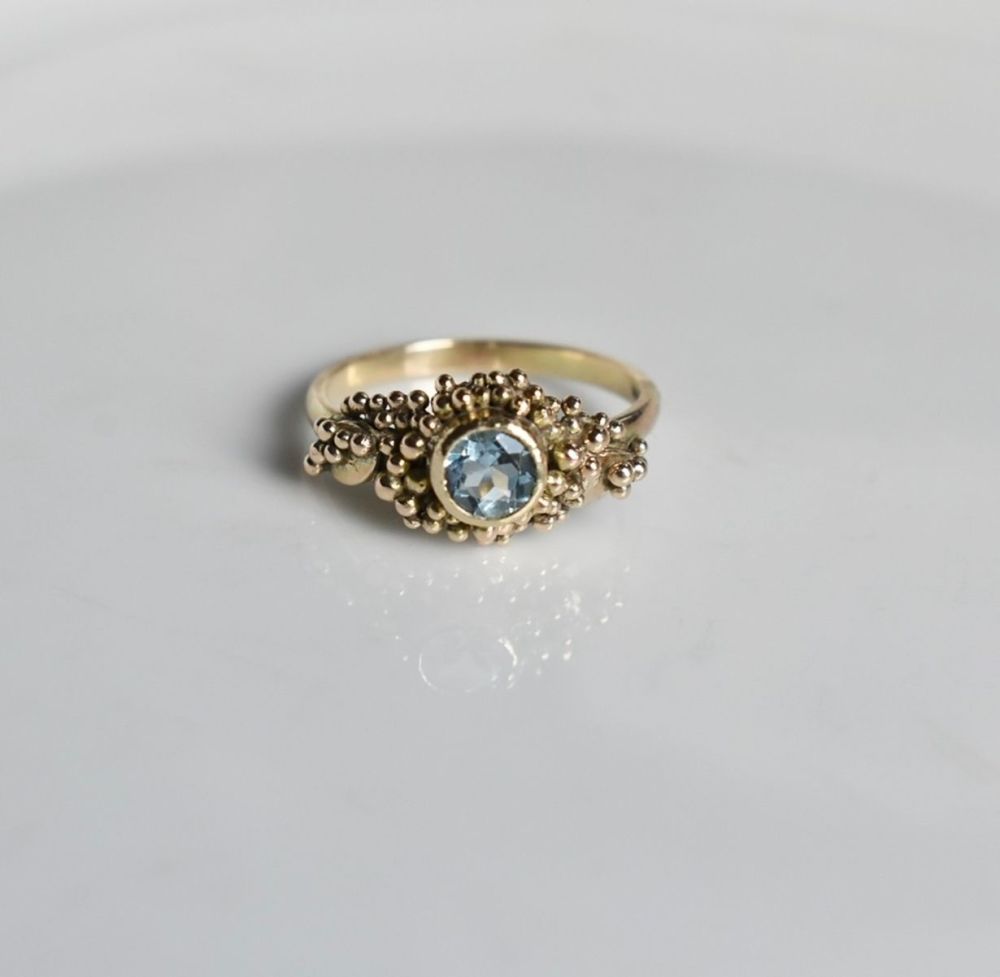 9ct Gold Granulation Ring with Aquamarine UK size N