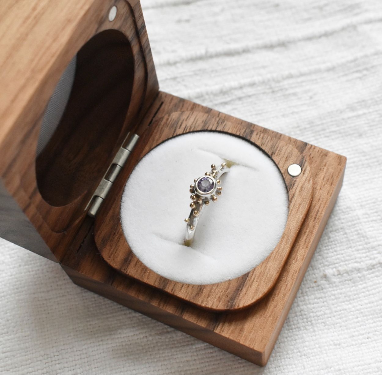 susatainable wooden ring box  with handmade bespoke ring by Vicky Callender Jewellery