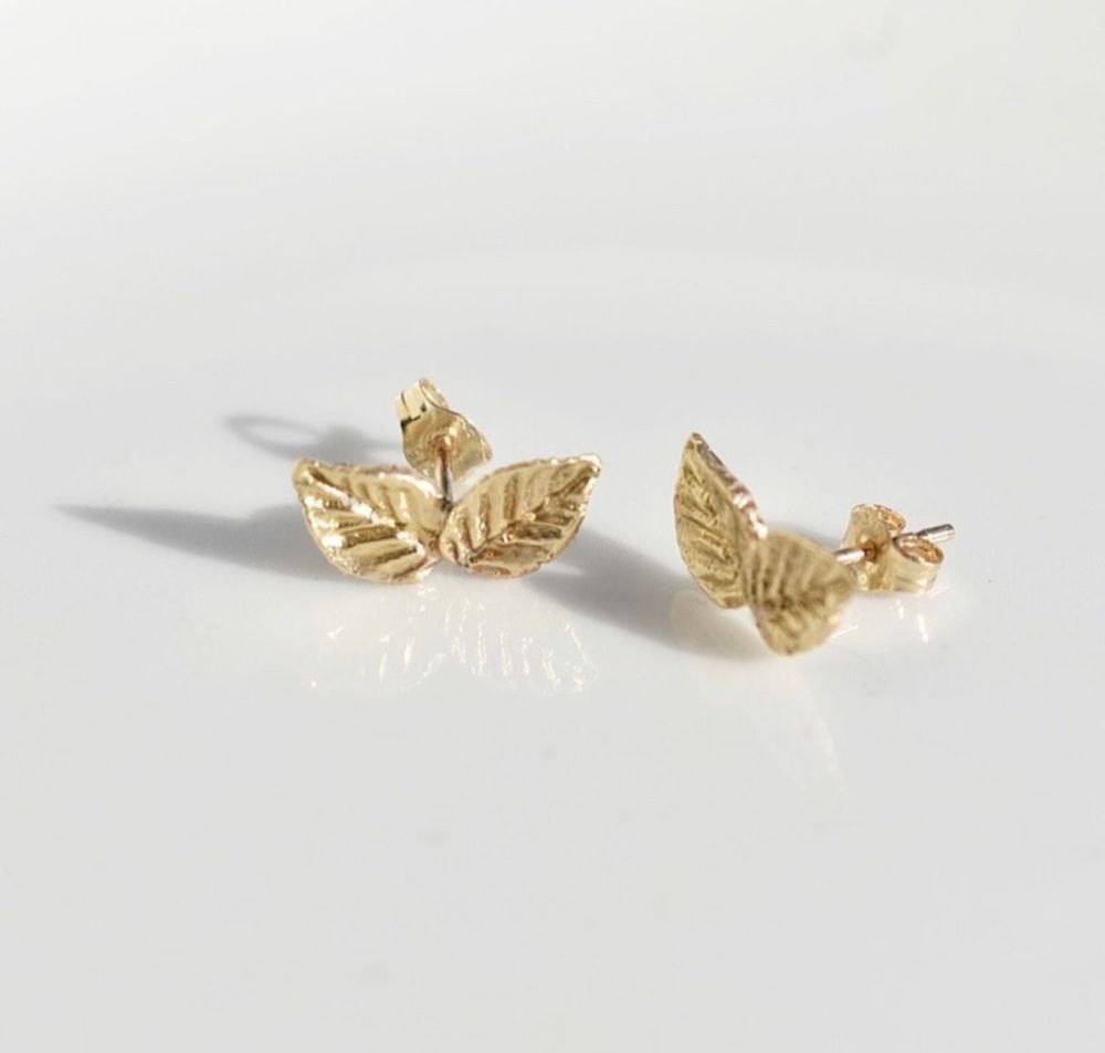 Wild Rose Leaf Stud Earrings -  in Solid Recycled Gold