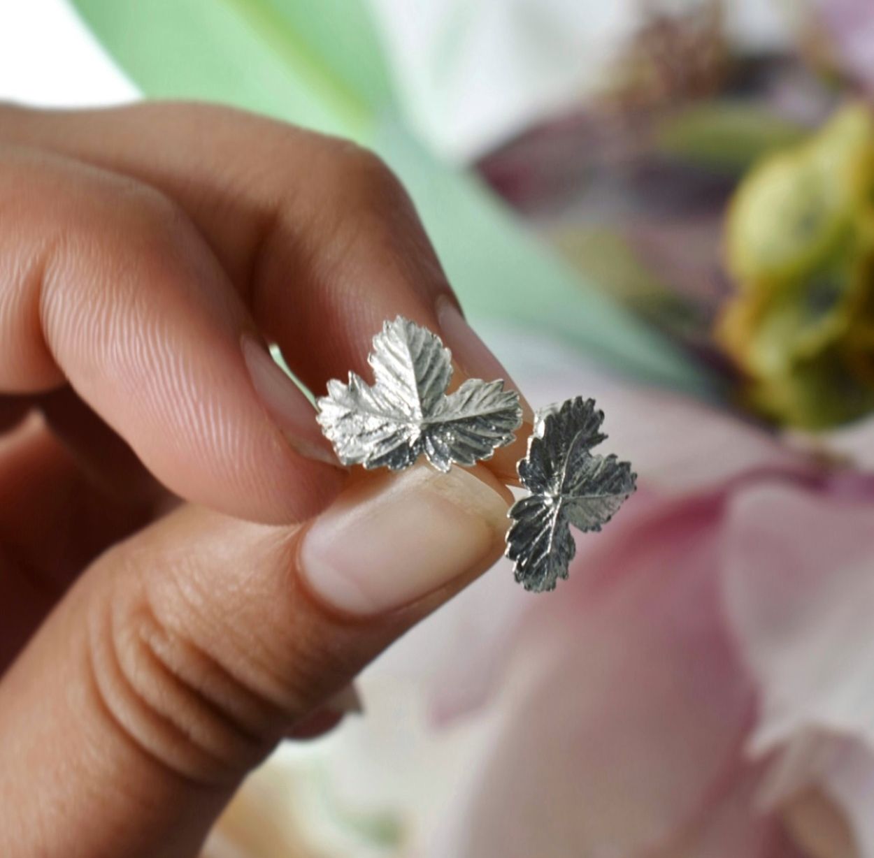 Recycled Silver Wild Strawberry Leaf Ear Studs by Vicky Callender Jewellery